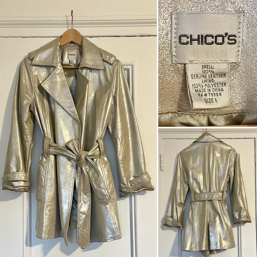 NWOT Vintage CHICO’S Metallic Silver + Gold Reese Trench 100% Leather Sz 1 / sm